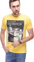 Slub Graphic Print Men's Round Neck Yellow T-Shirt