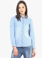 The Vanca Basic Denim Button Down Shirt In Blue Ice Wash With Embellished Collar-Full Sleeeves