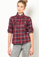 United Colors of Benetton Red Checks Roll Up Sleeves Winter Shirt