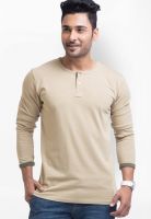 Cult Fiction Beige Solid Henley T-Shirts