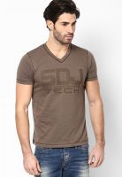 Duke Brown Printed V Neck T-Shirts