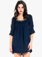 Kazo Navy Blue Colored Solid Shift Dress