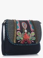 Shaun Design Tassel Embroidered Navy Blue Crossbody Bag