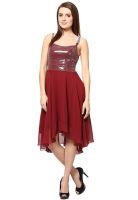 The Vanca Maroon Colored Solid Asymmetric Dress