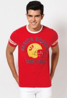 Basics Red Printed Round Neck T-Shirts