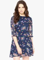 Color Cocktail Blue Printed Skater Dress