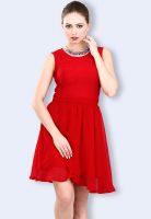 Faballey Red Colored Solid Skater Dress