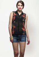 Faballey Sleeve Less Printed Black Shirt