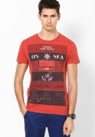 Gas Red Printed Round Neck T-Shirts
