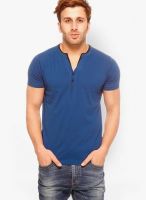 Gritstones Blue Solid Henley T-Shirt