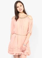 JC Collection Pink Colored Solid Skater Dress