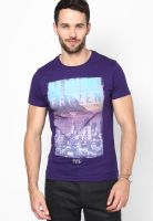 Jack & Jones Purple Printed Round Neck T-Shirts