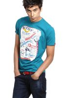 Probase Aqua Blue Printed Round Neck T-Shirts