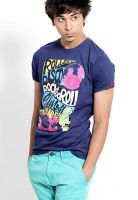 Probase Navy Blue Printed Round Neck T-Shirts
