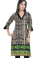 Raindrops Green Geometric Print Cotton Blend Kurta