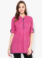 Sangria Center Front Pleated Kurta With Contrast Detail