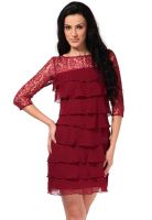 The Vanca 3/4Th Sleeve Self Pattern Maroon Dress