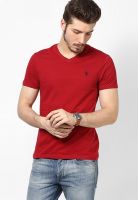 U.S. Polo Assn. Red Solid V Neck T-Shirts