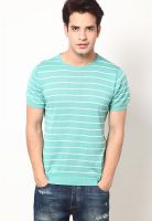 United Colors of Benetton Aqua Blue Striped Round Neck T-Shirts