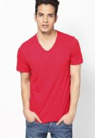 United Colors of Benetton Red Solid V Neck T-Shirts