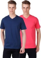Aventura Outfitters Solid Men's V-neck Dark Blue, Pink T-Shirt(Pack of 2)