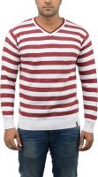 Blue Heaven Striped Men's V-neck Maroon, White T-Shirt