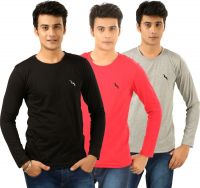 BrownBird Solid Men's Round Neck Black, Red, Grey T-Shirt(Pack of 3)