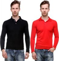 Grand Bear Solid Men's Polo Neck Reversible Red, Black T-Shirt(Pack of 2)
