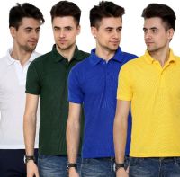 Grand Bear Solid Men's Polo Neck White, Green, Blue, Yellow T-Shirt(Pack of 4)