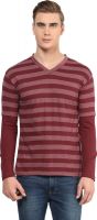 Hypernation Striped Men's V-neck Maroon T-Shirt