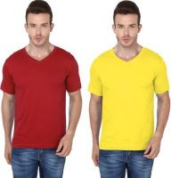 Meedo Solid Men's V-neck Red, Yellow T-Shirt(Pack of 2)