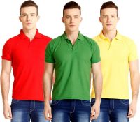 Nimya Solid Men's Polo Neck Green, Red, Yellow T-Shirt(Pack of 3)