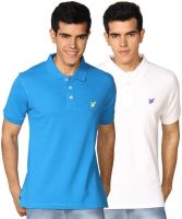 Provogue Solid Men's Polo Neck White, Blue T-Shirt(Pack of 2)