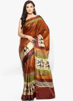Satrang Brown Printed Polyester Blend Saree