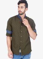 The Indian Garage Co. Olive Solid Slim Fit Casual Shirt
