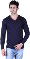 Vivid Bharti Solid Men's V-neck Dark Blue T-Shirt