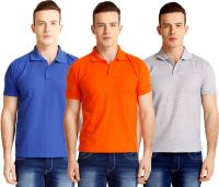 Baremoda Solid Men's Polo Neck Blue, Orange, Grey T-Shirt(Pack of 3)