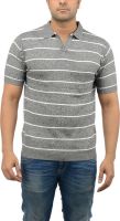 Blue Heaven Striped Men's Polo Neck Grey, White T-Shirt