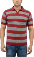 Blue Heaven Striped Men's Polo Neck Maroon, Grey T-Shirt