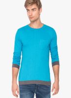 Campus Sutra Blue Solid Round Neck T-Shirts