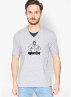 Campus Sutra Grey Printed V Neck T-Shirt