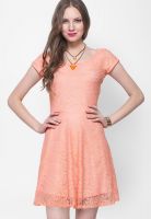 Faballey Orange Colored Embroidered Skater Dress