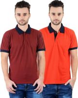 Gdivine Solid Men's Polo Neck Red, Maroon T-Shirt(Pack of 2)