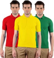 Gdivine Solid Men's Polo Neck Red, Green, Yellow T-Shirt(Pack of 3)