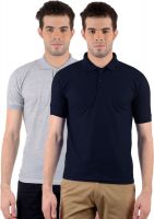 Gdivine Solid Men's Polo Neck Dark Blue, Grey T-Shirt(Pack of 2)