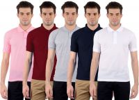 Gdivine Solid Men's Polo Neck Pink, Maroon, Grey, Dark Blue, White T-Shirt(Pack of 5)