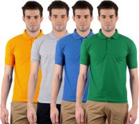 Gdivine Solid Men's Polo Neck Gold, Green, Grey, Light Blue T-Shirt(Pack of 4)