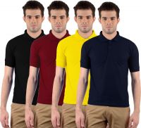 Gdivine Solid Men's Polo Neck Maroon, Dark Blue, Black, Yellow T-Shirt(Pack of 4)