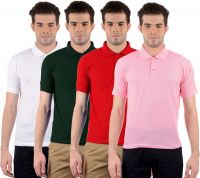 Gdivine Solid Men's Polo Neck Pink, Dark Green, White, Red T-Shirt(Pack of 4)