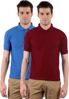 Gdivine Solid Men's Polo Neck Maroon, Light Blue T-Shirt(Pack of 2)